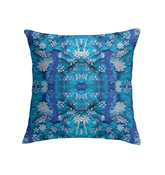 Artistic city skyline pattern on indoor pillow.